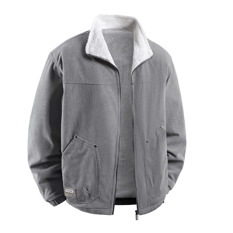 Jachetă Corduroy pentru bărbați, iarnă, căptușită cu fleece, groasă, fermoar, guler lapel, croială lejeră, buzunare laterale