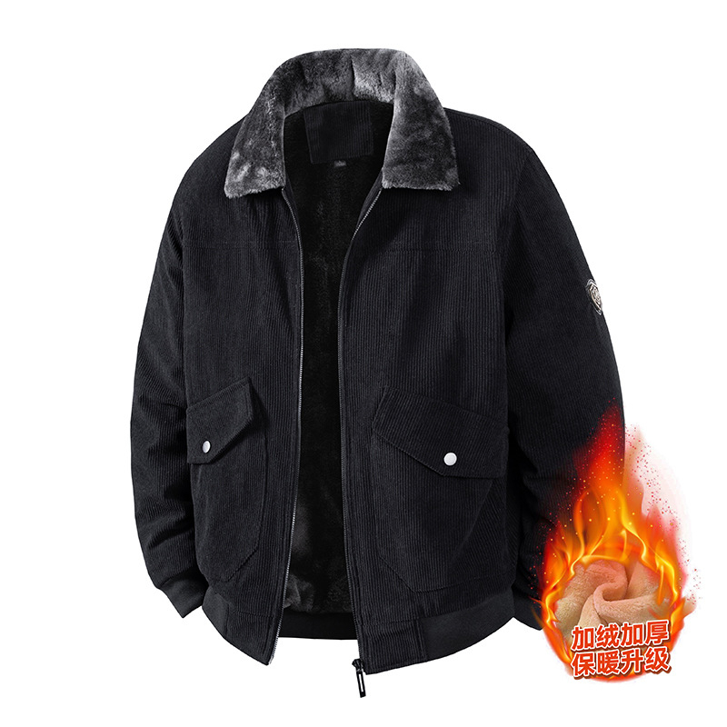 Jachetă Corduroy pentru bărbați, iarnă, căptușită cu fleece, groasă, fermoar, guler lapel, croială lejeră, buzunare laterale