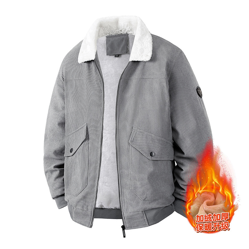 Jachetă Corduroy pentru bărbați, iarnă, căptușită cu fleece, groasă, fermoar, guler lapel, croială lejeră, buzunare laterale