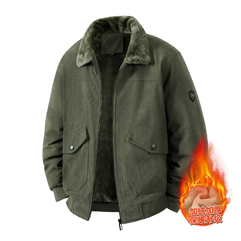 Jachetă Corduroy pentru bărbați, iarnă, căptușită cu fleece, groasă, fermoar, guler lapel, croială lejeră, buzunare laterale