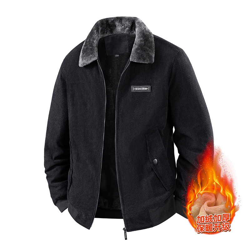 Jachetă Corduroy pentru bărbați, iarnă, căptușită cu fleece, groasă, fermoar, guler lapel, croială lejeră, buzunare laterale