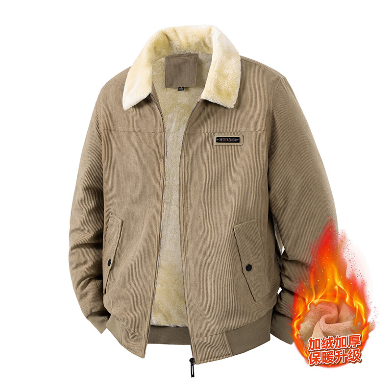 Jachetă Corduroy pentru bărbați, iarnă, căptușită cu fleece, groasă, fermoar, guler lapel, croială lejeră, buzunare laterale