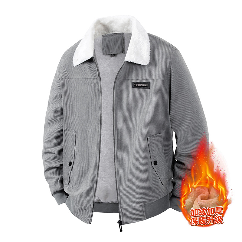 Jachetă Corduroy pentru bărbați, iarnă, căptușită cu fleece, groasă, fermoar, guler lapel, croială lejeră, buzunare laterale