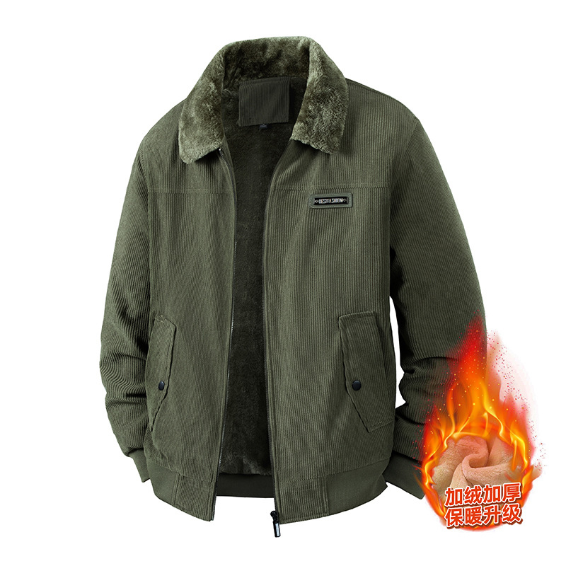 Jachetă Corduroy pentru bărbați, iarnă, căptușită cu fleece, groasă, fermoar, guler lapel, croială lejeră, buzunare laterale