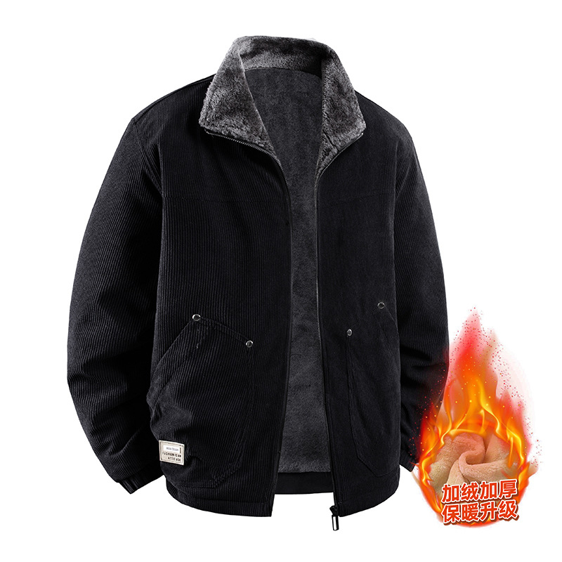 Jachetă Corduroy pentru bărbați, iarnă, căptușită cu fleece, groasă, fermoar, guler lapel, croială lejeră, buzunare laterale