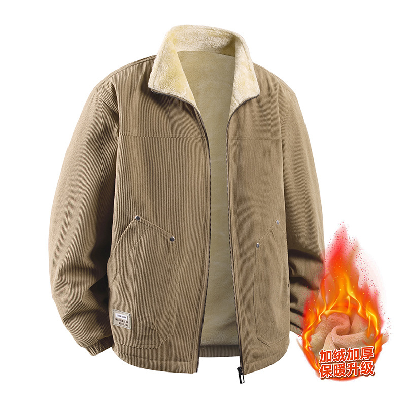 Jachetă Corduroy pentru bărbați, iarnă, căptușită cu fleece, groasă, fermoar, guler lapel, croială lejeră, buzunare laterale