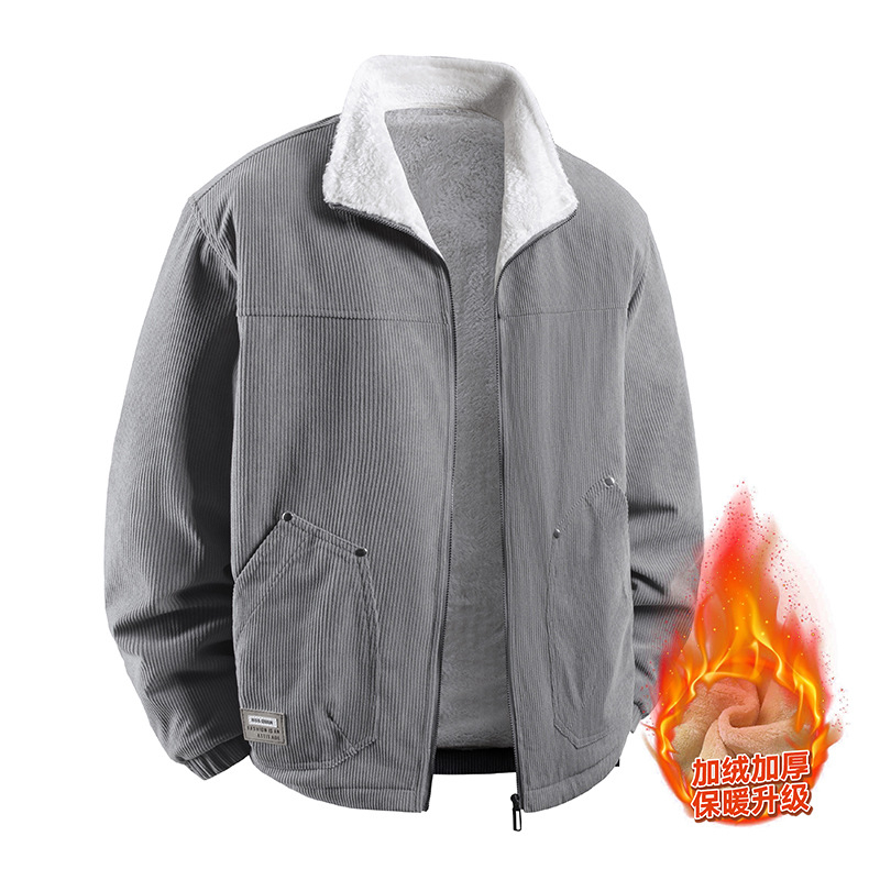 Jachetă Corduroy pentru bărbați, iarnă, căptușită cu fleece, groasă, fermoar, guler lapel, croială lejeră, buzunare laterale
