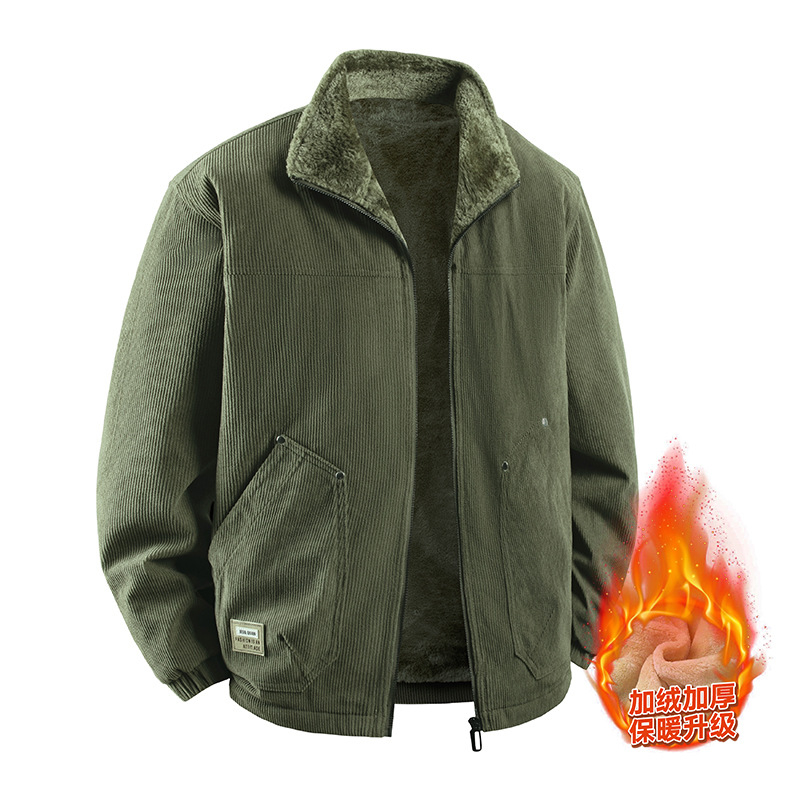 Jachetă Corduroy pentru bărbați, iarnă, căptușită cu fleece, groasă, fermoar, guler lapel, croială lejeră, buzunare laterale