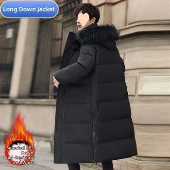 Удължено мъжко пухено яке с гъши пух, пухкавост 900, съдържание на кашмир 30–35%, полиестерна материя, подходящо за умерено студено (-5°C до 0°C)