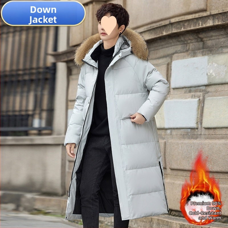 Удължено мъжко пухено яке с гъши пух, пухкавост 900, съдържание на кашмир 30–35%, полиестерна материя, подходящо за умерено студено (-5°C до 0°C)