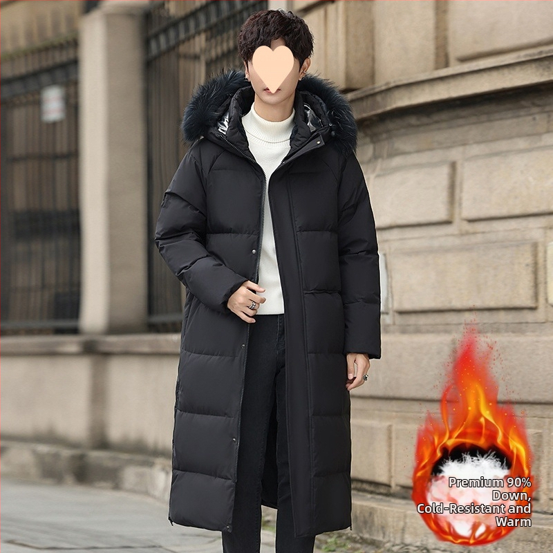 Удължено мъжко пухено яке с гъши пух, пухкавост 900, съдържание на кашмир 30–35%, полиестерна материя, подходящо за умерено студено (-5°C до 0°C)