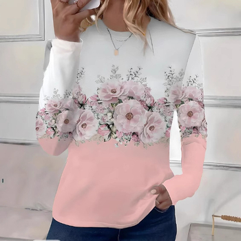 Женска тениска с 3D печат, кръгло деколте, дълги ръкави, свободен силует, полиестер 95%+