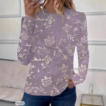 Женска тениска с 3D печат, кръгло деколте, дълги ръкави, свободен силует, полиестер 95%+