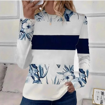 Женска тениска с 3D печат, кръгло деколте, дълги ръкави, свободен силует, полиестер 95%+