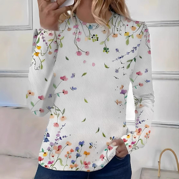 Женска тениска с 3D печат, кръгло деколте, дълги ръкави, свободен силует, полиестер 95%+