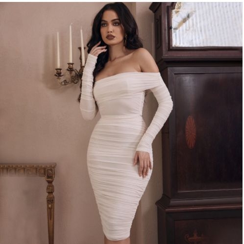 Haljina od poliestera, Tube-top stil, srednja duljina, silueta bokova, dugi rukavi
