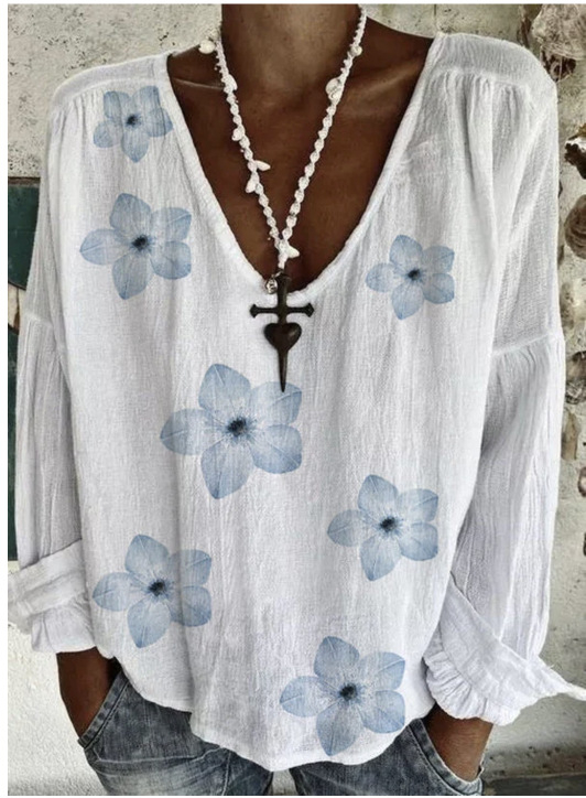 Ženski T-shirt s V izrezom, dugi rukavi, mješavina poliestera i lana, slobodan kroj