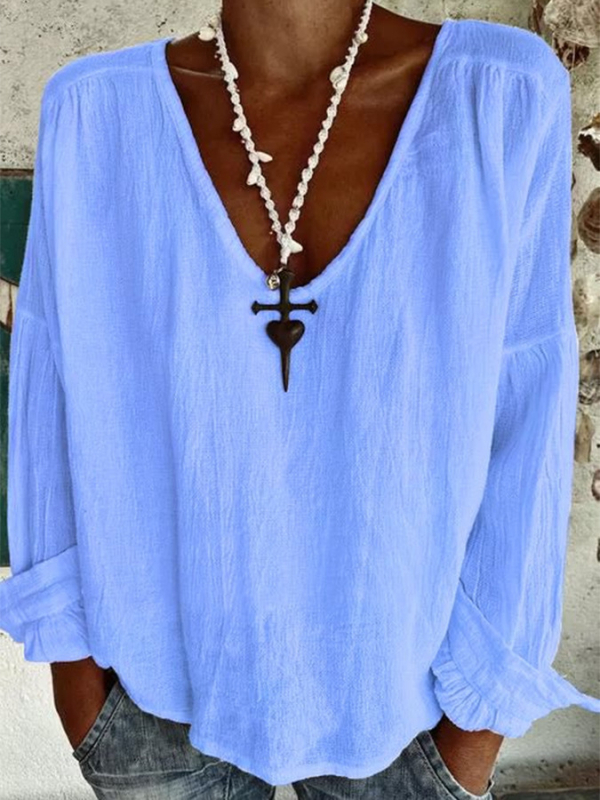 Ženski T-shirt s V izrezom, dugi rukavi, mješavina poliestera i lana, slobodan kroj
