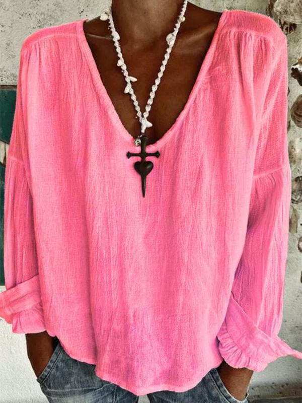 Ženski T-shirt s V izrezom, dugi rukavi, mješavina poliestera i lana, slobodan kroj