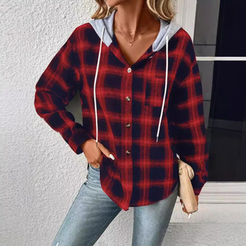 Πουκάμισο-ζακέτα με κουκούλα από πολυεστέρα, καρό/ριγέ μοτίβο, φαρδιά γραμμή, μακριά μανίκια, φθινόπωρο 2023