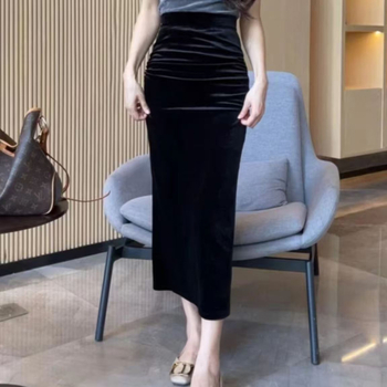 Μακριά βελούδινη φούστα για γυναίκες με εφαρμοστό στήσιμο στους γοφούς, ψηλή μέση (Περιεκτικότητα σε Σπάνξ, Μονόχρωμο σχέδιο, Χειμώνας 2024)
