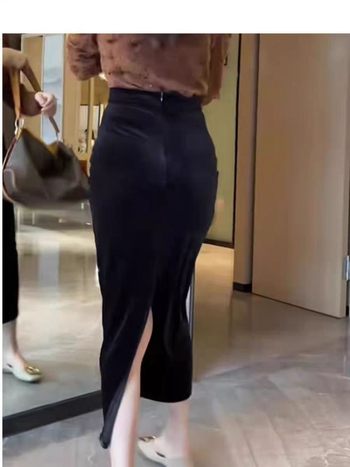 Μακριά βελούδινη φούστα για γυναίκες με εφαρμοστό στήσιμο στους γοφούς, ψηλή μέση (Περιεκτικότητα σε Σπάνξ, Μονόχρωμο σχέδιο, Χειμώνας 2024)