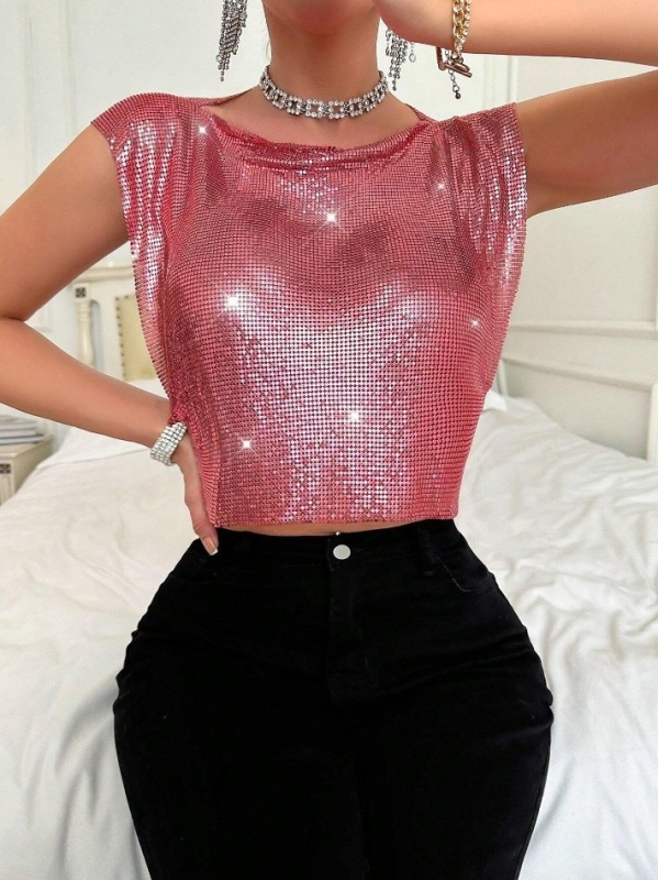 Tricou fără mâneci cu paiete, guler cu o linie, lungime scurtă, material poliester-spandex