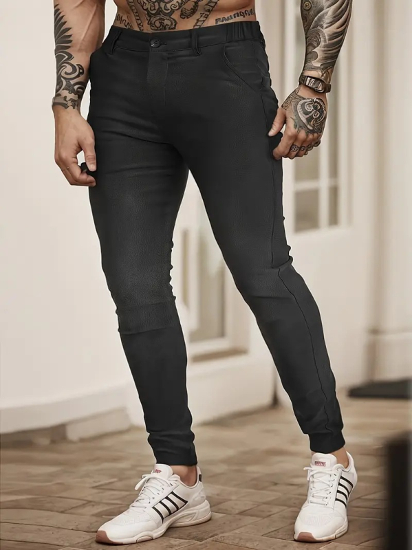 Pantaloni casual pentru bărbați, stil coreean, croială dreaptă, talie medie, material din amestec de bumbac (65% bumbac), vară
