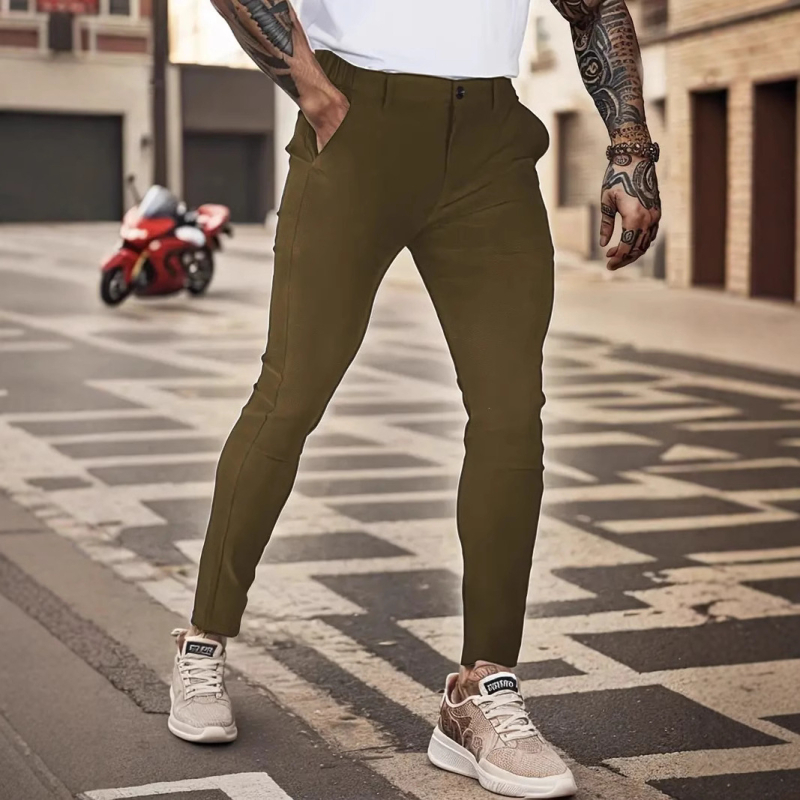 Pantaloni casual pentru bărbați, stil coreean, croială dreaptă, talie medie, material din amestec de bumbac (65% bumbac), vară