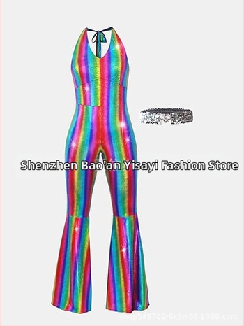 Milk Silk γυναικείο φόρεμα Χάλοουιν σε στυλ χίπι ντίσκο με χρυσό θερμικό εκτύπωμα — κοστούμι σκηνής, μεσαίου μήκους, στρογγυλός λαιμός, μακριά μανίκια καμπάνας