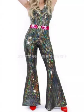 Milk Silk γυναικείο φόρεμα Χάλοουιν σε στυλ χίπι ντίσκο με χρυσό θερμικό εκτύπωμα — κοστούμι σκηνής, μεσαίου μήκους, στρογγυλός λαιμός, μακριά μανίκια καμπάνας