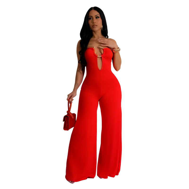 Salopetă elegantă de vară pentru femei, fără mâneci, spate decupat, pantaloni largi, talie înaltă, poliester