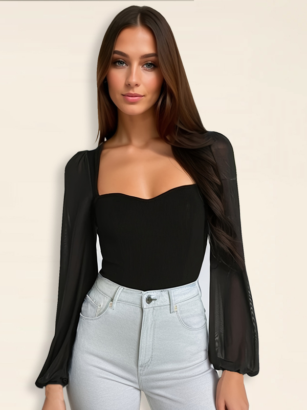 Ženski bodi s mrežastim panelima i lantern rukavima, poliester/spandeks, visoka elastičnost, srednji struk, tijesna kroj