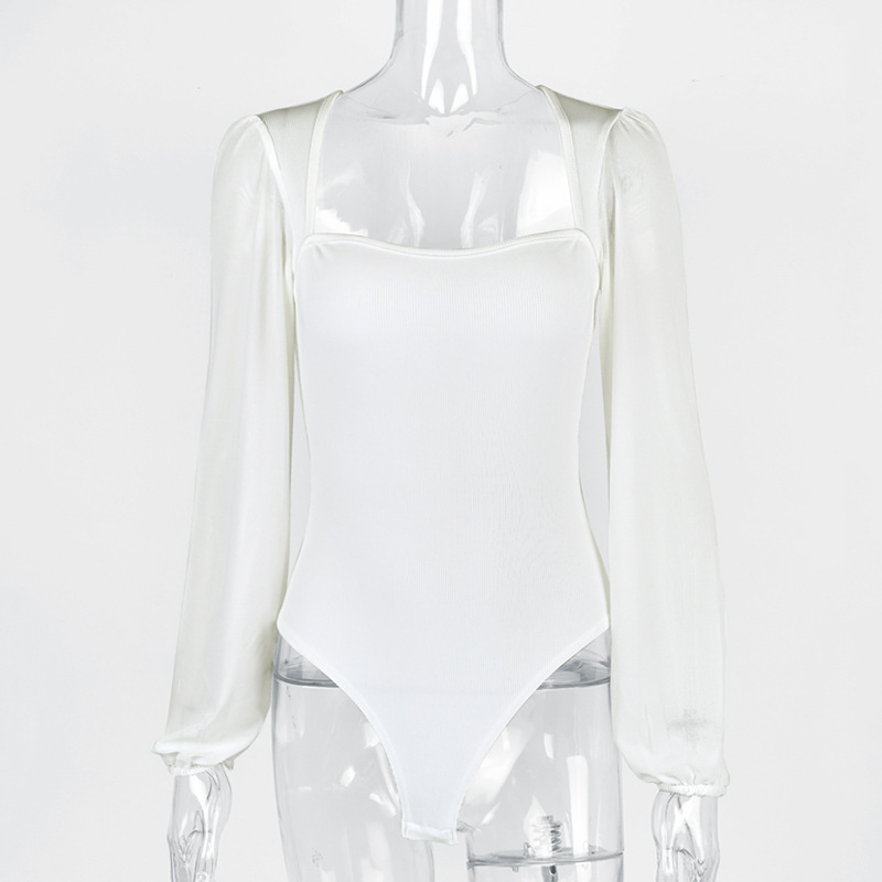 Ženski bodi s mrežastim panelima i lantern rukavima, poliester/spandeks, visoka elastičnost, srednji struk, tijesna kroj