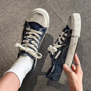 Ανδρικά πάνινα παπούτσια με χαμηλό προφίλ, PU επάνω, καουτσούκ σόλα, κορδόνια, βυλανισμένη σόλα