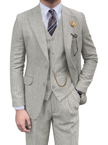 Costum trei piese cu vestă, țesătură herringbone din nailon, croială slim-fit, guler plat