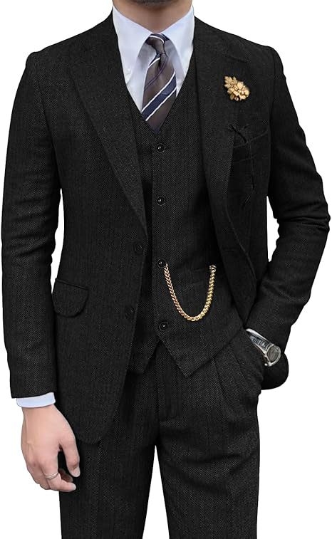 Costum trei piese cu vestă, țesătură herringbone din nailon, croială slim-fit, guler plat