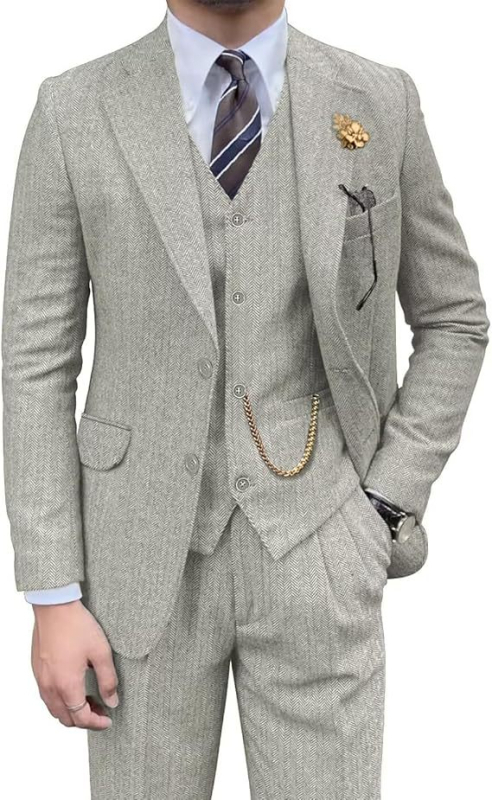 Costum trei piese cu vestă, țesătură herringbone din nailon, croială slim-fit, guler plat
