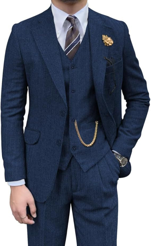 Costum trei piese cu vestă, țesătură herringbone din nailon, croială slim-fit, guler plat