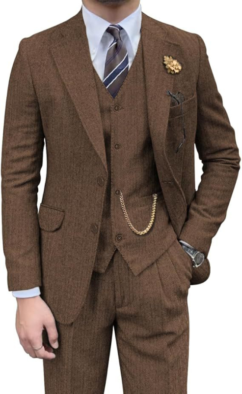 Costum trei piese cu vestă, țesătură herringbone din nailon, croială slim-fit, guler plat