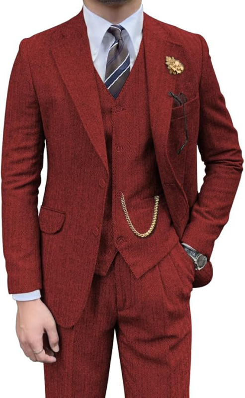 Costum trei piese cu vestă, țesătură herringbone din nailon, croială slim-fit, guler plat