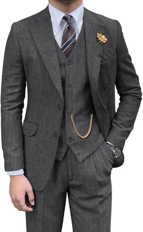 Costum trei piese cu vestă, țesătură herringbone din nailon, croială slim-fit, guler plat