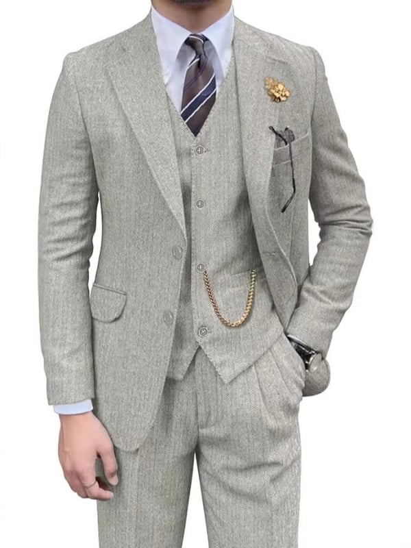 Τριών τεμαχίων γιλέκο-κοστούμι από νάιλον με χερίνγκμποον μοτίβο, Slim-Fit, επίπεδο πέτο