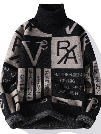 Мъжки пуловер с висока яка, жакардов дизайн, изкуствен Mink Velvet, тънък силует, дълги ръкави