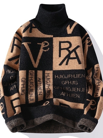 Мъжки пуловер с висока яка, жакардов дизайн, изкуствен Mink Velvet, тънък силует, дълги ръкави