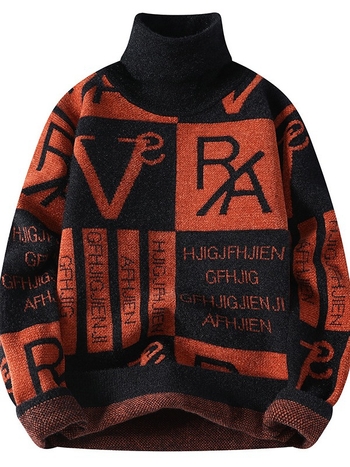 Мъжки пуловер с висока яка, жакардов дизайн, изкуствен Mink Velvet, тънък силует, дълги ръкави