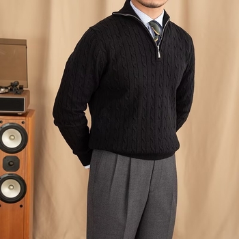 Мъжки плетен пуловер с яка тип лапел, свободен силует, дълги ръкави, дебела плетка, полиестер