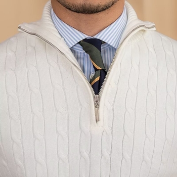 Мъжки плетен пуловер с яка тип лапел, свободен силует, дълги ръкави, дебела плетка, полиестер