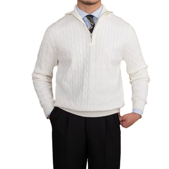 Мъжки плетен пуловер с яка тип лапел, свободен силует, дълги ръкави, дебела плетка, полиестер