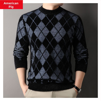 Мъжки свитер, корейски стил, Slim fit, удебелен, кръгла яка